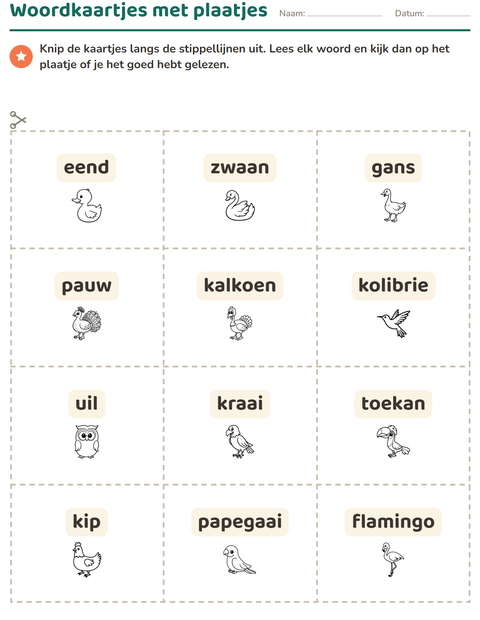 Voorbeeld van het Woordkaartjes-werkblad met Vogels Z&W 2 voor kleuterklas