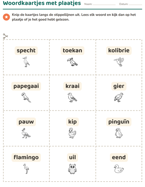 Voorbeeld van het Woordkaartjes-werkblad met Vogels Z&W voor kleuterklas