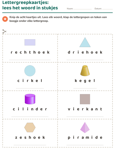 Voorbeeld van het Woordkaartjes-werkblad met Vormen voor groep 3