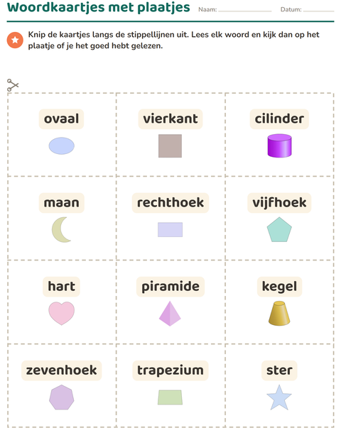 Voorbeeld van het Woordkaartjes-werkblad met Vormen voor kleuterklas