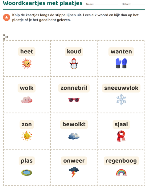 Voorbeeld van het Woordkaartjes-werkblad met Weer voor kleuterklas