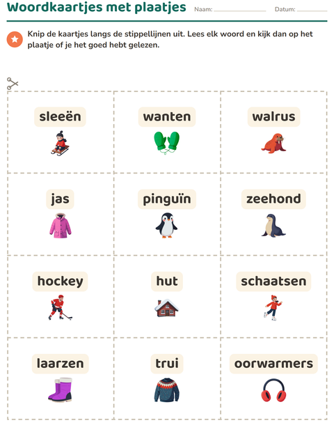 Voorbeeld van het Woordkaartjes-werkblad met Winter voor kleuterklas