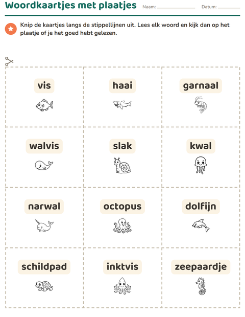 Voorbeeld van het Woordkaartjes-werkblad met Zeeleven ZW 2 voor kleuterklas