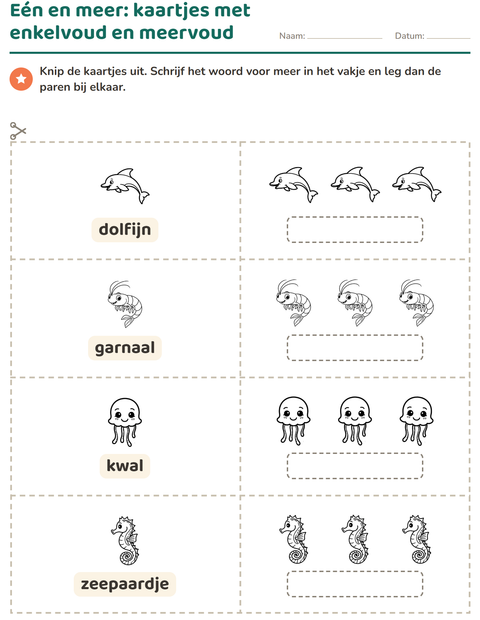 Voorbeeld van het Woordkaartjes-werkblad met Zeeleven ZW 2 voor kleuterklas