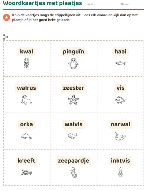 Voorbeeld van het Woordkaartjes-werkblad met Zeeleven ZW voor kleuterklas