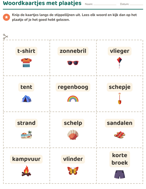 Voorbeeld van het Woordkaartjes-werkblad met Zomer voor kleuterklas