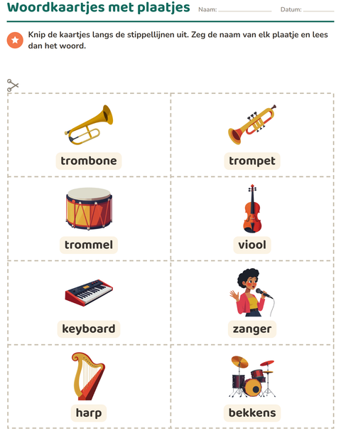 Voorbeeld van het Woordkaartjes-werkblad met Muziek voor kleuterklas