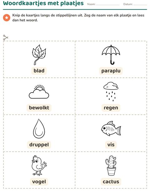 Voorbeeld van het Woordkaartjes-werkblad met Natuur ZW voor kleuterklas