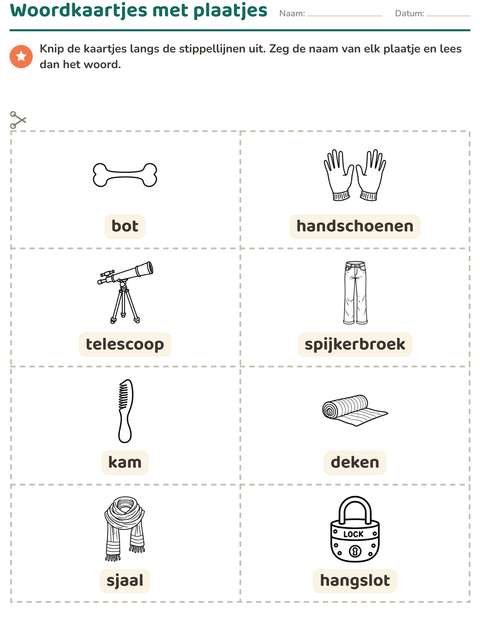 Voorbeeld van het Woordkaartjes-werkblad met Objecten ZW voor kleuterklas