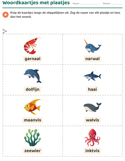 Voorbeeld van het Woordkaartjes-werkblad met Oceaanleven voor kleuterklas