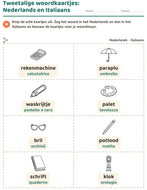 Voorbeeld van het Woordkaartjes-werkblad met Onderwijs ZW voor kleuterklas