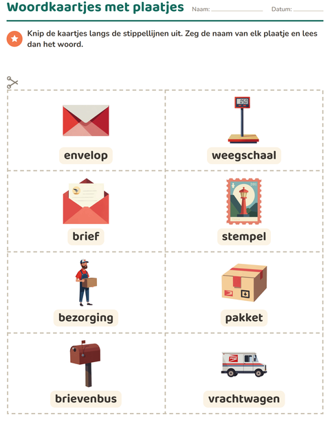 Voorbeeld van het Woordkaartjes-werkblad met Postkantoor voor kleuterklas