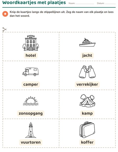 Voorbeeld van het Woordkaartjes-werkblad met Reizen en Vakantie ZW voor kleuterklas