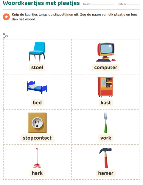 Voorbeeld van het Woordkaartjes-werkblad met Rond het huis voor kleuterklas