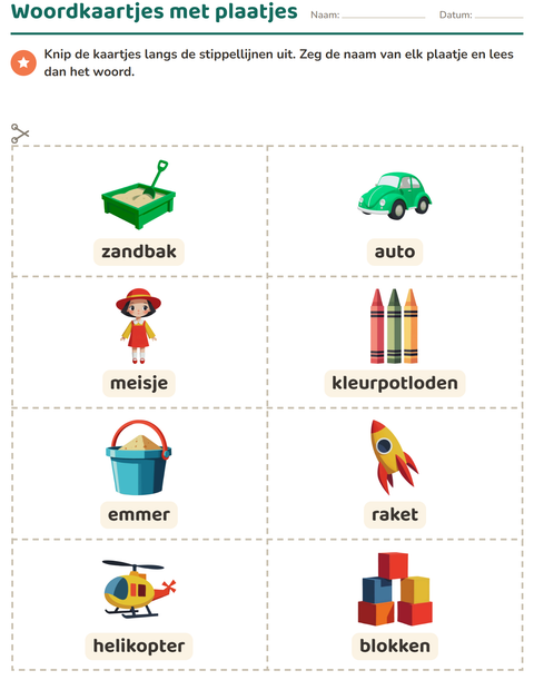 Voorbeeld van het Woordkaartjes-werkblad met Speelgoed voor kleuterklas