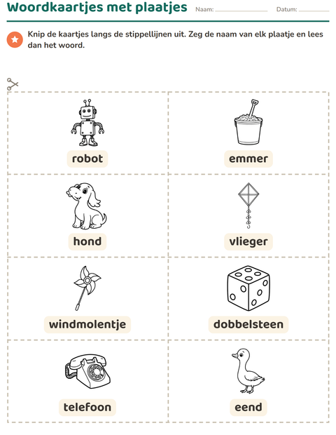 Voorbeeld van het Woordkaartjes-werkblad met Speelgoed ZW 2 voor kleuterklas