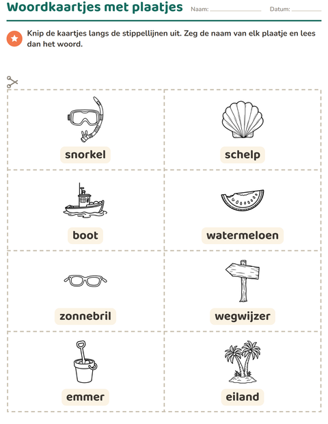 Voorbeeld van het Woordkaartjes-werkblad met Strand ZW 2 voor kleuterklas