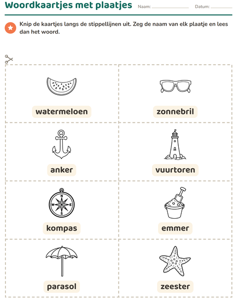 Voorbeeld van het Woordkaartjes-werkblad met Strand ZW voor kleuterklas