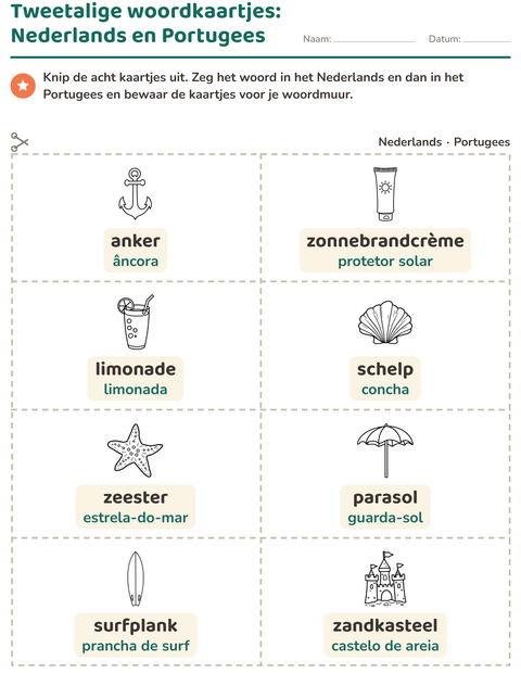 Voorbeeld van het Woordkaartjes-werkblad met Strand ZW voor kleuterklas