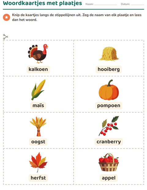 Voorbeeld van het Woordkaartjes-werkblad met Thanksgiving voor kleuterklas