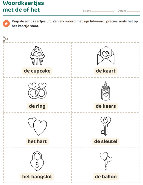 Voorbeeld van het Woordkaartjes-werkblad met Valentijnsdag ZW voor kleuterklas