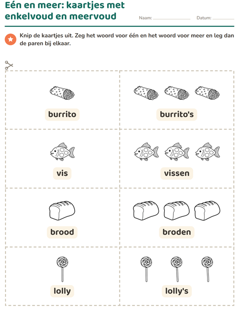 Voorbeeld van het Woordkaartjes-werkblad met Voedsel ZW voor kleuterklas
