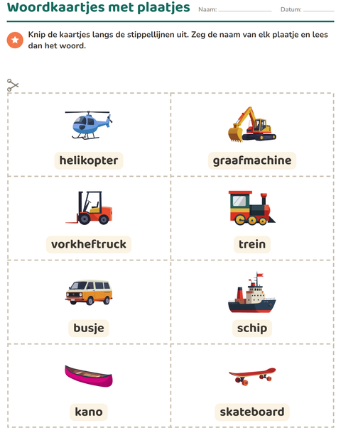 Voorbeeld van het Woordkaartjes-werkblad met Voertuigen voor kleuterklas