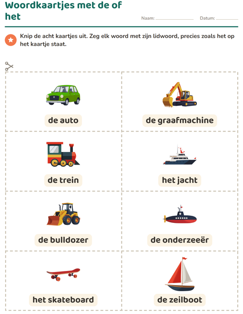 Voorbeeld van het Woordkaartjes-werkblad met Voertuigen voor kleuterklas