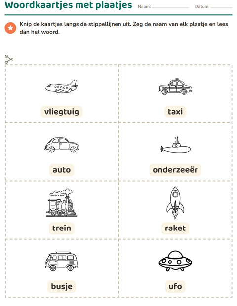 Voorbeeld van het Woordkaartjes-werkblad met Voertuigen ZW 2 voor kleuterklas