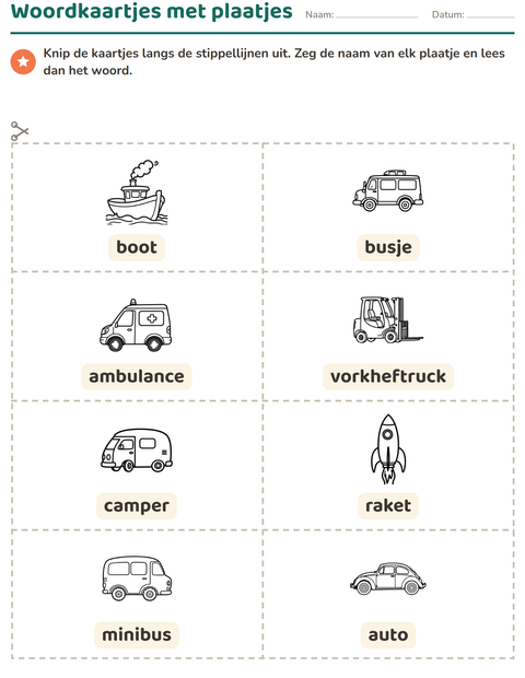 Voorbeeld van het Woordkaartjes-werkblad met Voertuigen ZW 3 voor kleuterklas