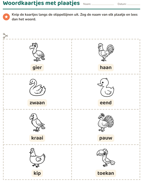 Voorbeeld van het Woordkaartjes-werkblad met Vogels Z&W 2 voor kleuterklas