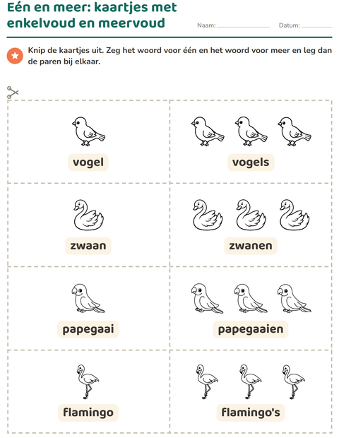Voorbeeld van het Woordkaartjes-werkblad met Vogels Z&W 2 voor kleuterklas