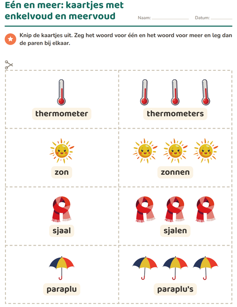 Voorbeeld van het Woordkaartjes-werkblad met Weer voor kleuterklas