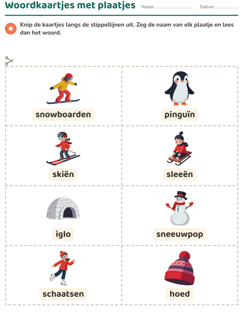 Voorbeeld van het Woordkaartjes-werkblad met Winter voor kleuterklas