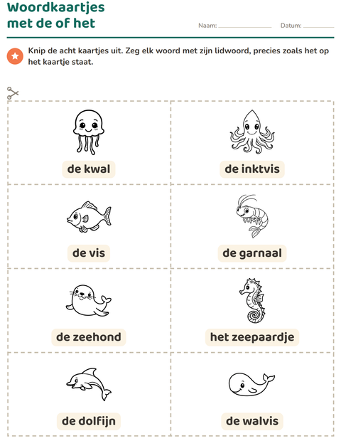 Voorbeeld van het Woordkaartjes-werkblad met Zeeleven ZW 2 voor kleuterklas