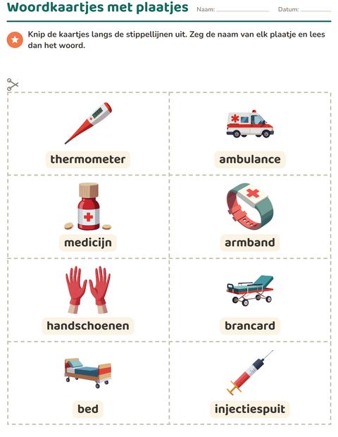 Voorbeeld van het Woordkaartjes-werkblad met Ziekenhuis voor kleuterklas