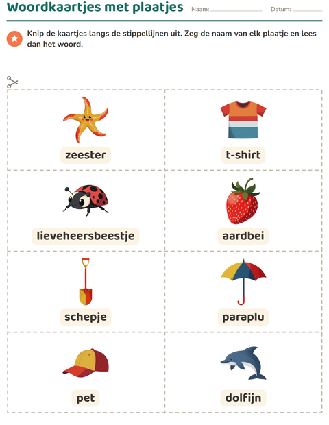 Voorbeeld van het Woordkaartjes-werkblad met Zomer voor kleuterklas