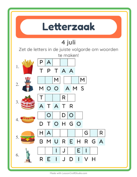 Voorbeeld van het Woordpuzzel-werkblad met 4 juli voor groep 3