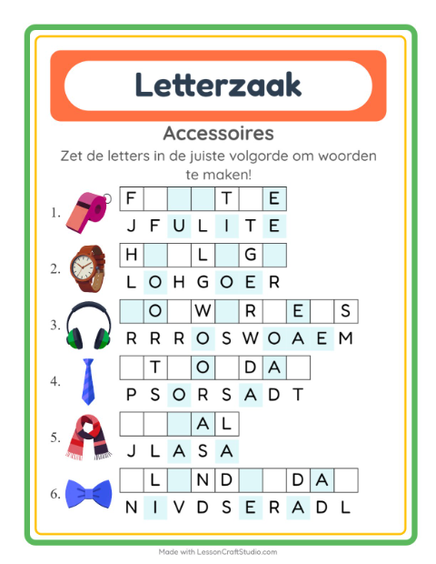 Voorbeeld van het Woordpuzzel-werkblad met Accessoires voor groep 3