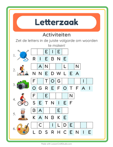 Voorbeeld van het Woordpuzzel-werkblad met Activiteiten voor groep 3