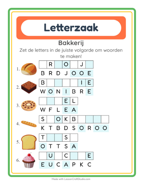 Voorbeeld van het Woordpuzzel-werkblad met Bakkerij voor groep 3