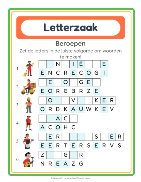 Voorbeeld van het Woordpuzzel-werkblad met Beroepen voor groep 3