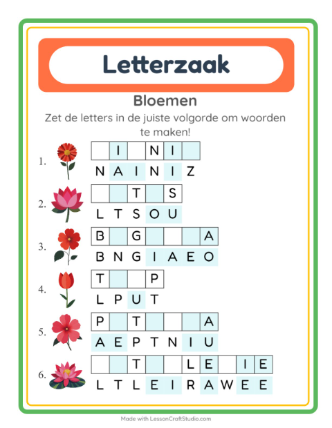 Voorbeeld van het Woordpuzzel-werkblad met Bloemen voor groep 3