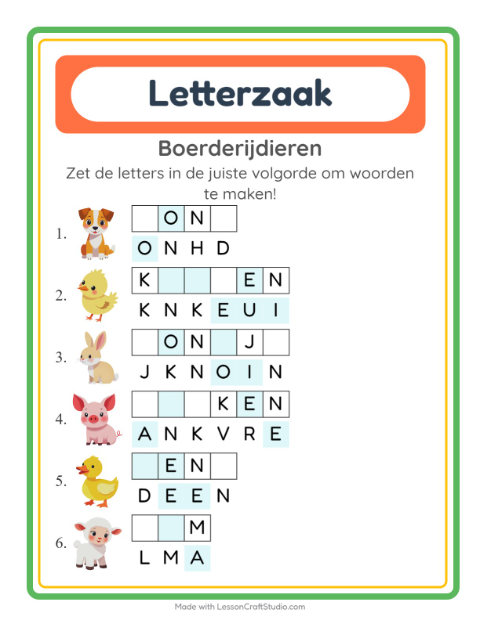 Voorbeeld van het Woordpuzzel-werkblad met Boerderijdieren voor groep 3