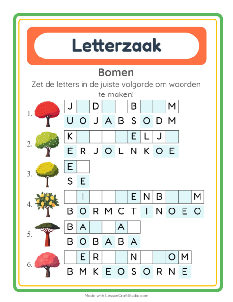 Voorbeeld van het Woordpuzzel-werkblad met Bomen voor groep 3