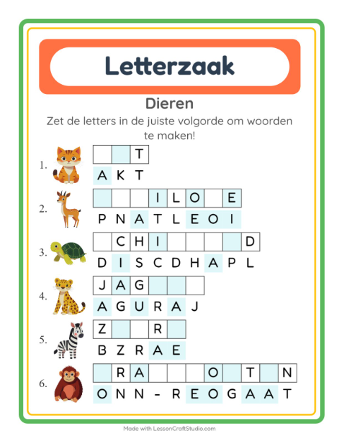 Voorbeeld van het Woordpuzzel-werkblad met Dieren voor groep 3