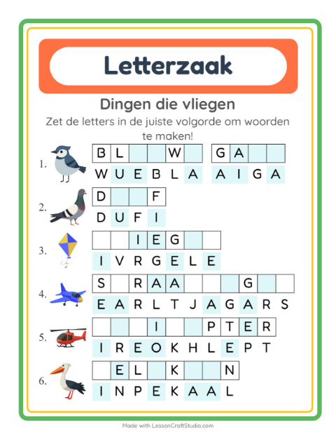 Voorbeeld van het Woordpuzzel-werkblad met Dingen die vliegen voor groep 3