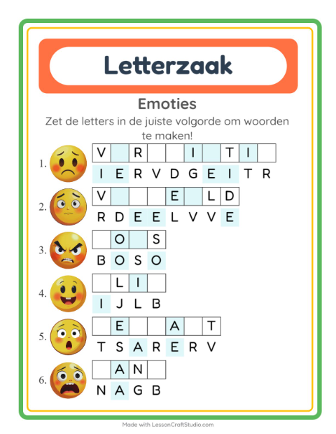 Voorbeeld van het Woordpuzzel-werkblad met Emoties voor groep 3