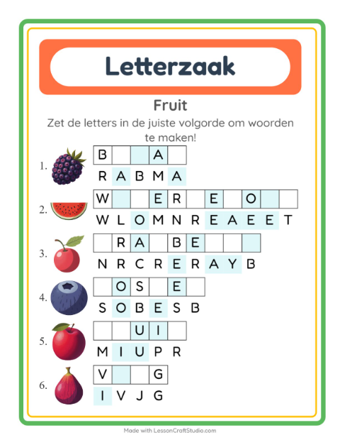 Voorbeeld van het Woordpuzzel-werkblad met Fruit voor groep 3