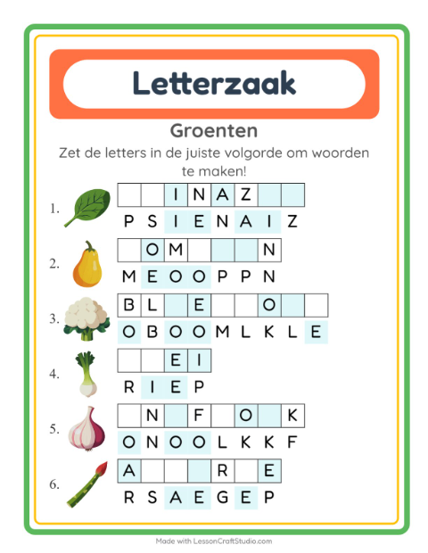 Voorbeeld van het Woordpuzzel-werkblad met Groenten voor groep 3